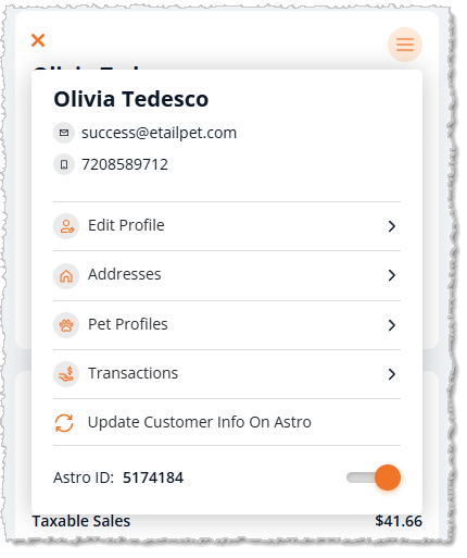 Image showing the Customer Action Menu on the New Sale page of the eTailPet system.
