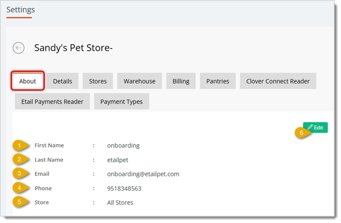Image showing the About tab of Settings with key features highlighted in the eTailPet system.