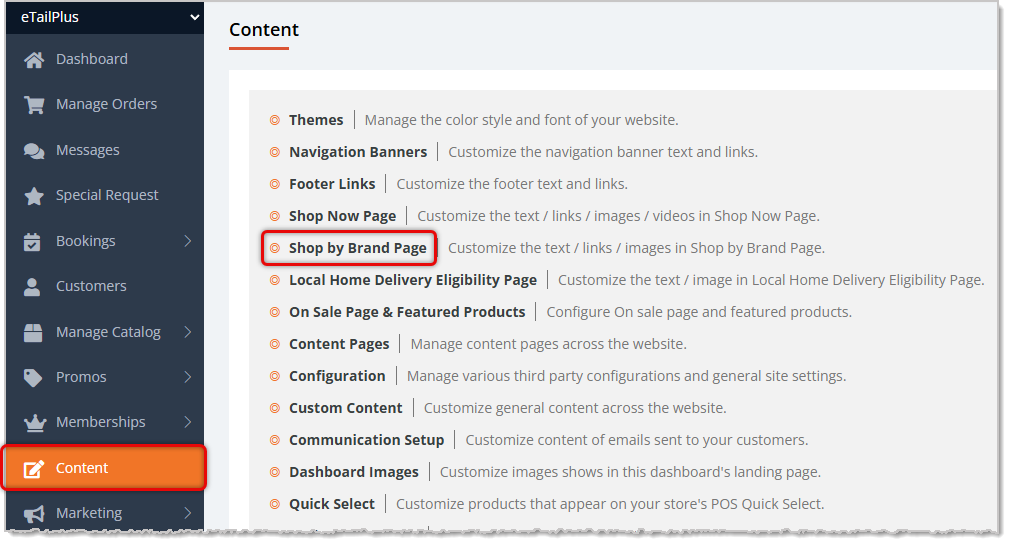 Image highlighting the Content option in the eTailPet main menu and the Shop by Brand option on the Content page.