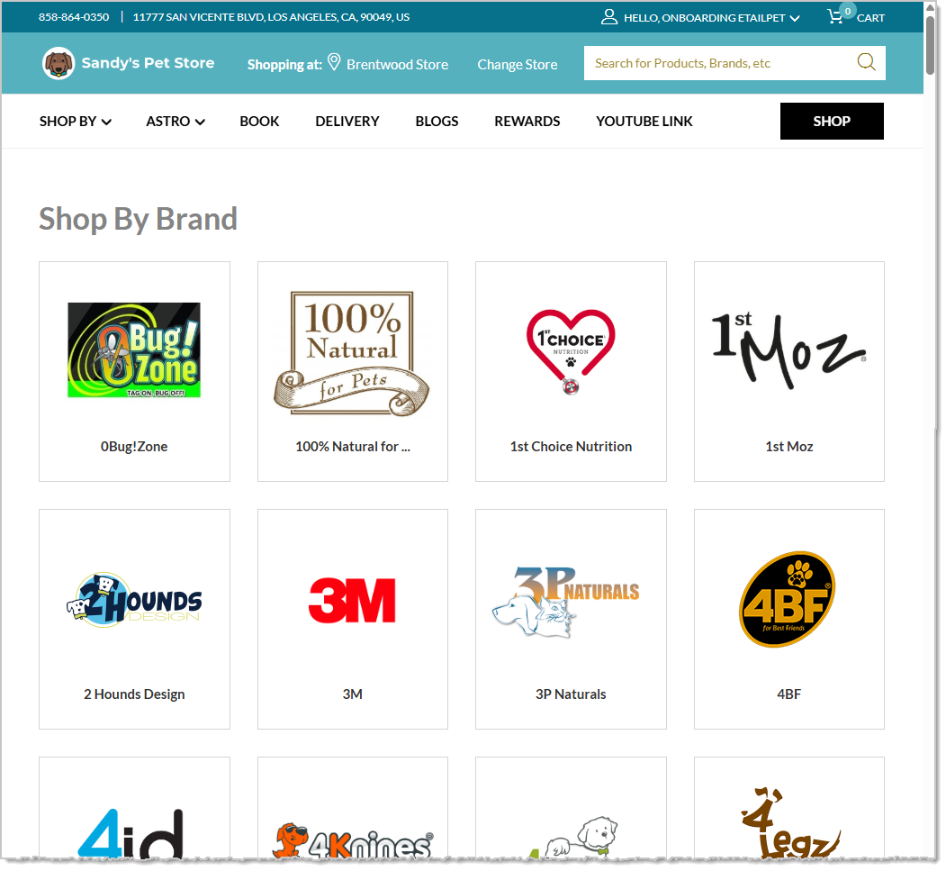 Image showing simple Shop by Brand page layout on a eTailPet storefront website.
