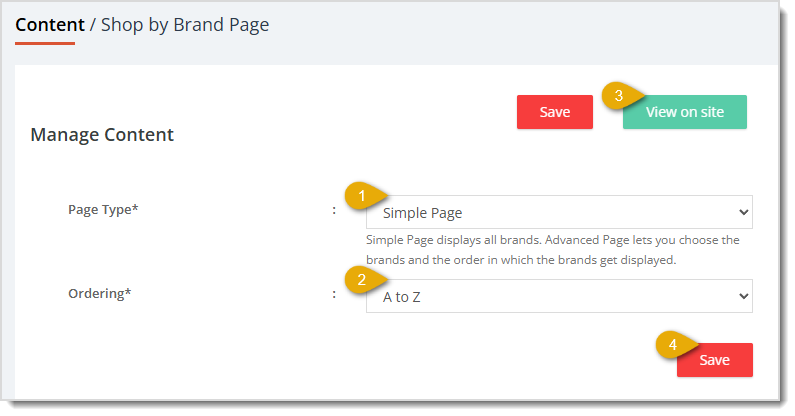Image showing the major functions of the simple Shop by Brand page in the Content area of the eTailPet system.
