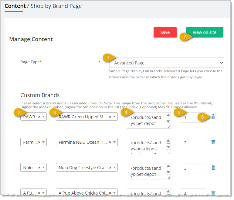 Image showing the major functions of the top of the advanced Shop by Brand page in the Content area of the eTailPet system.