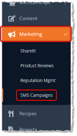 Image of the Marketing menu in the main eTailPet system menu with SMS Campaigns highlighted.