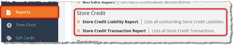Image showing the Store Credit section of the Reports page of the eTailPet system with the section reports highlighted.