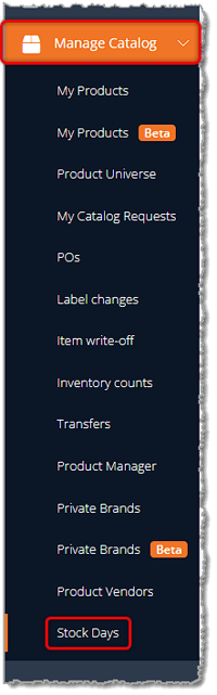 Image showing the Stock Days link in the Manage Catalog menu of the eTailPet system.