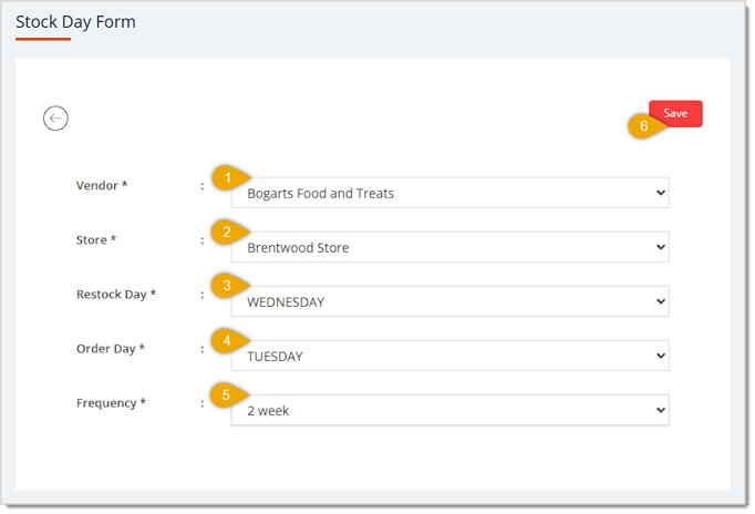 Image showing the configuration options for a new Stock Day in the eTailPet system.