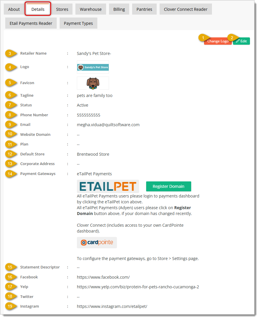 Image showing the Details tab of Settings with key features highlighted in the eTailPet system.