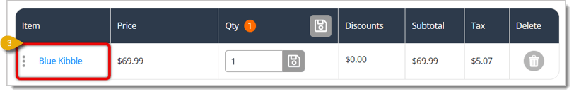 Image showing an item from the Search bar (Blue Kibble) added to a transaction.