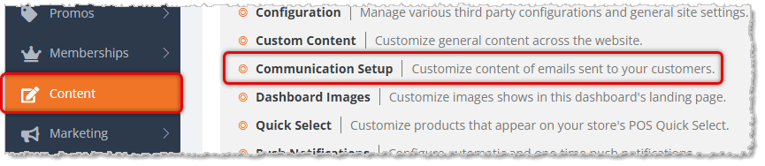 Image showing the Content page of the eTailPet system with the Communication Setup area highlighted.