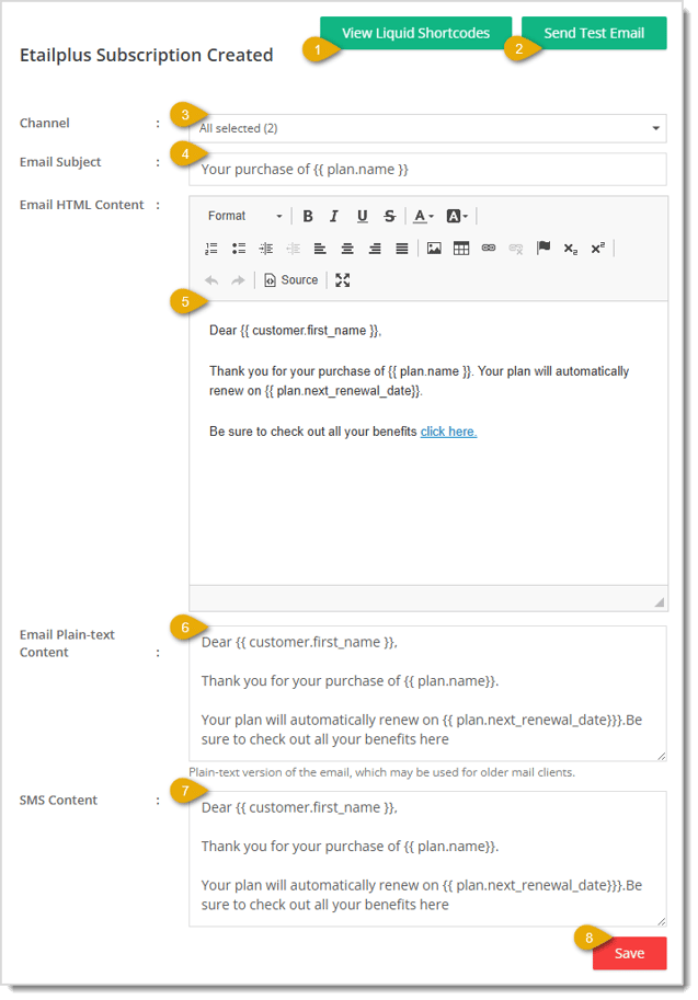 Image showing an example email template with key functions highlighted in the eTailPet system.