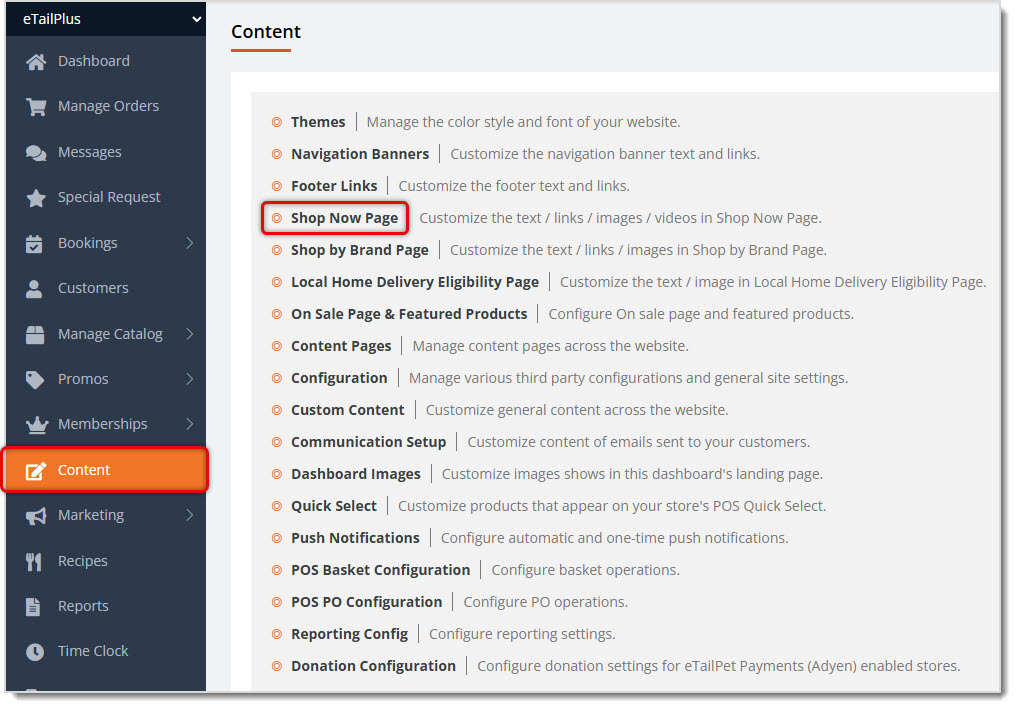Image showing the Content area of the main in the eTailPet system with the Shop Now page link highlighted.