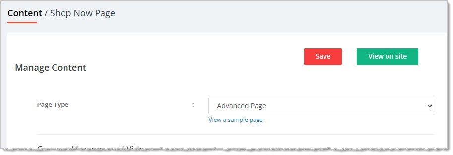 Image showing the top of the Shop Now Page content configuration page in the eTailPet system.