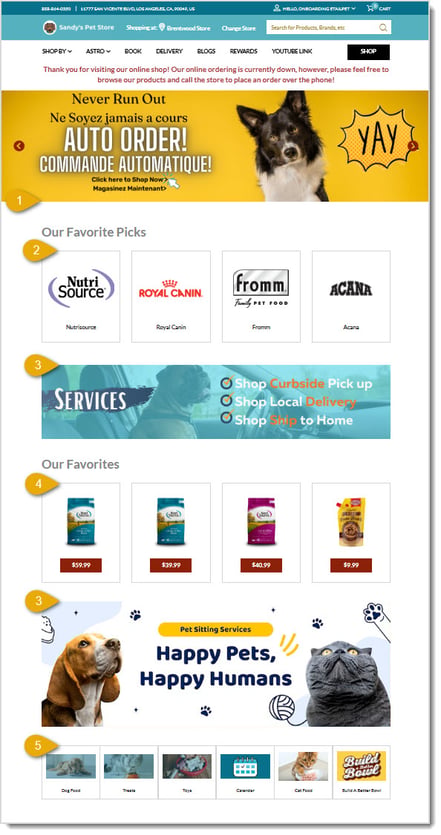 Image showing the major areas of an example Shop Now page powered by the eTailPet system.