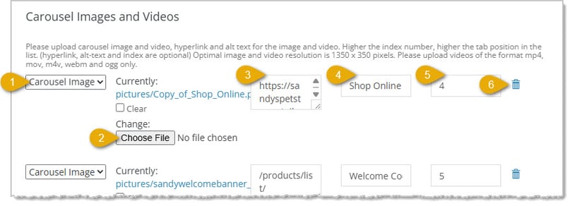 Image showing the Carousel area setup controls for the advanced Shop Now page in the eTailPet system.