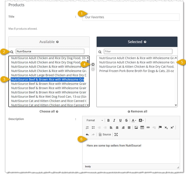 Image showing the Products setup area of the Advanced Page version of the Shop Now page in the eTailPet system.