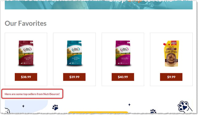 Image showing the Products area of the advanced Shop Now page with descriptive text highlighted beneath it on an example eTailPet website.