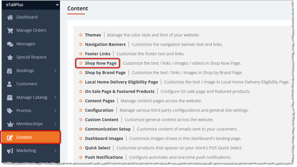 Image highlighting the Content option in the eTailPet main menu and the Shop Now option on the Content page.