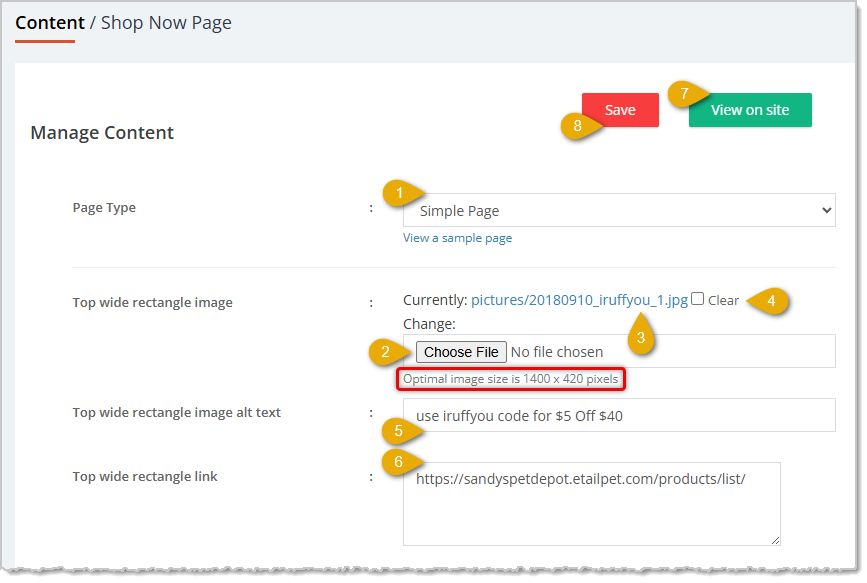 Image showing the major functions of the simple Shop Now page in the Content area of the eTailPet system.
