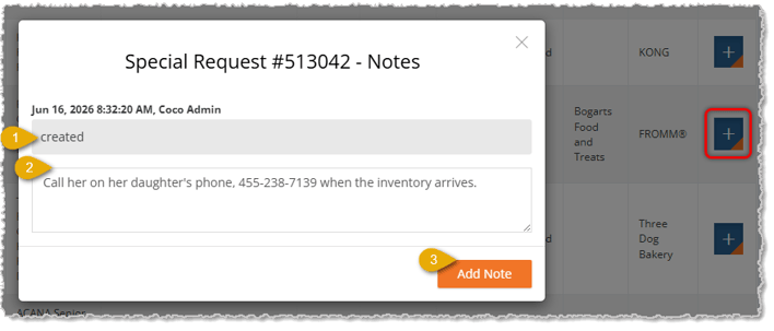 Image showing the Special Request Notes window with key features highlighted in the eTailPet system.