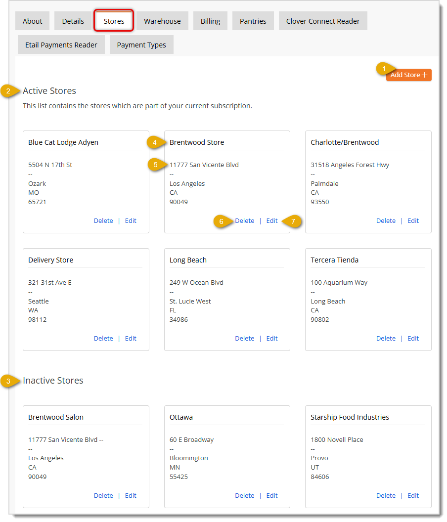 Image showing the Stores tab of Settings with key features highlighted in the eTailPet system.