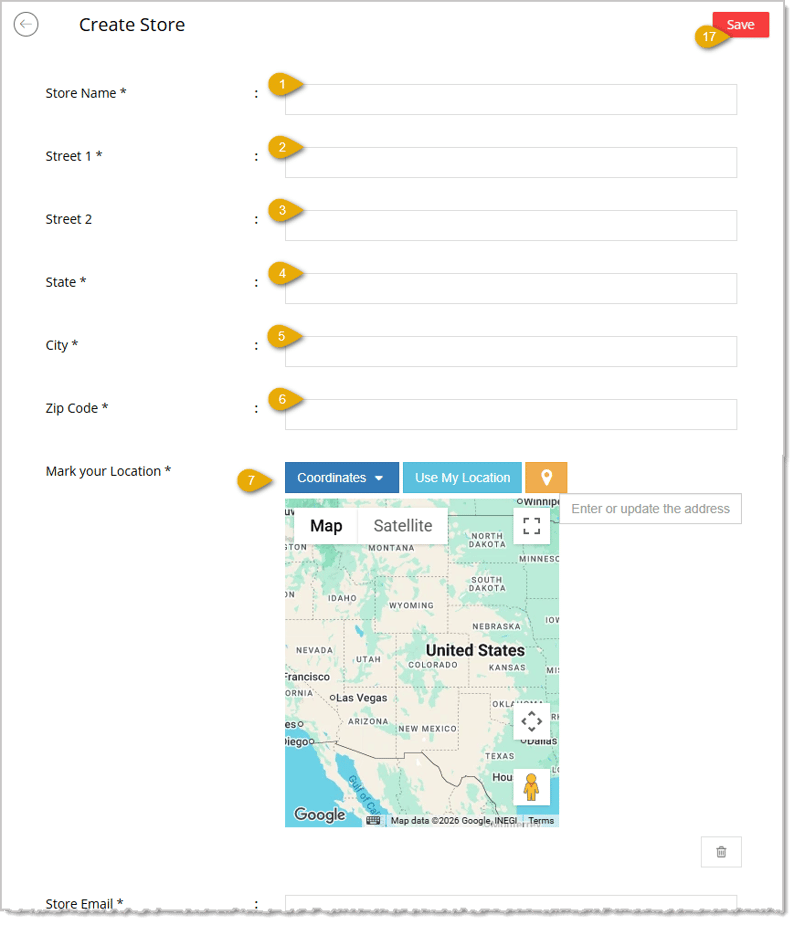 Image showing the upper part of the Store Information area of the Create Store page of Settings with key features highlighted in the eTailPet system.
