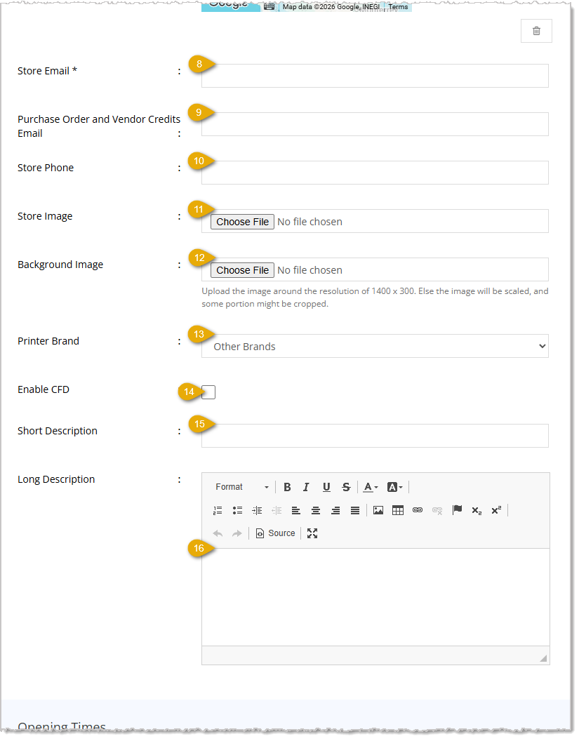 Image showing the lower part of the Store Information area of the Create Store page of Settings with key features highlighted in the eTailPet system.