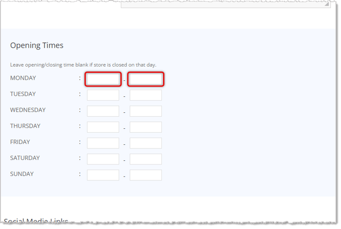 Image showing the Opening Times area of the Create Store page of Settings with key features highlighted in the eTailPet system.