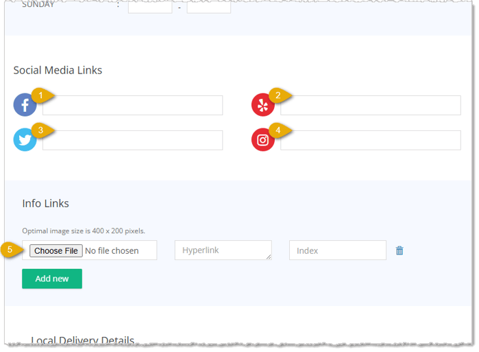 Image showing the Social Media and Info Links areas of the Create Store page of Settings with key features highlighted in the eTailPet system.