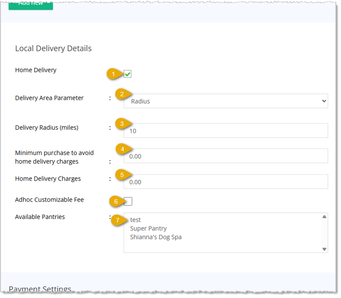 Image showing the Local Delivery Details area of the Create Store page of Settings with key features highlighted in the eTailPet system.