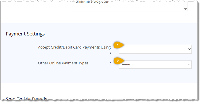 Image showing the Payment Settings area of the Create Store page of Settings with key features highlighted in the eTailPet system.