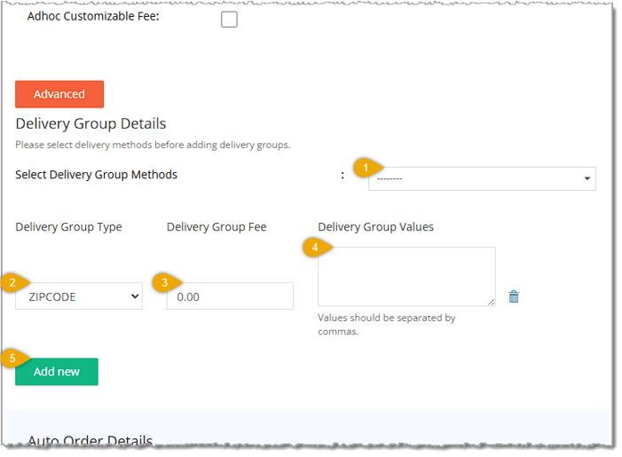 Image showing the Delivery Details area of the Create Store page of Settings with key features highlighted in the eTailPet system.