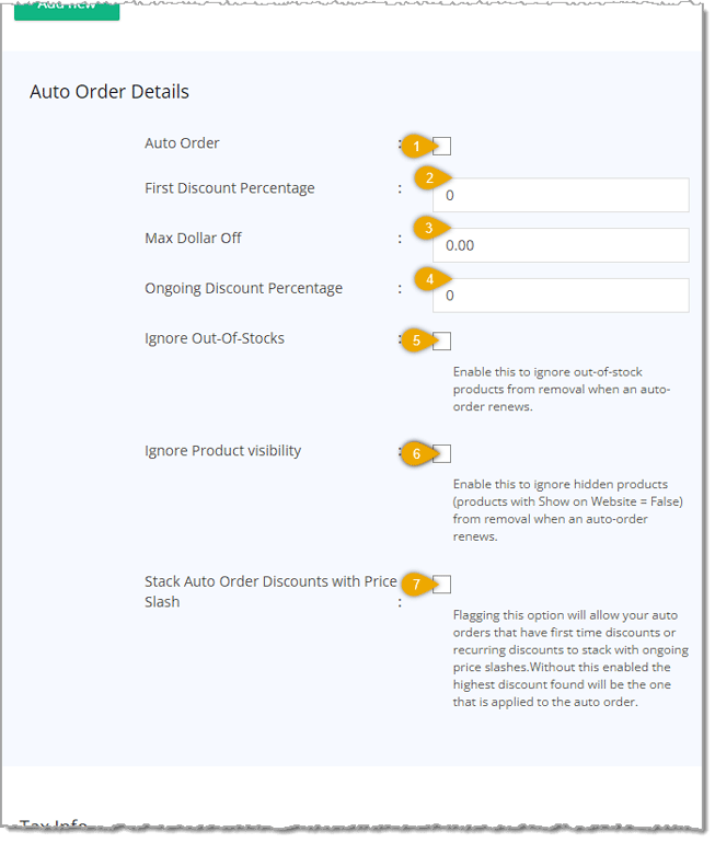 Image showing the Auto Order Details area of the Create Store page of Settings with key features highlighted in the eTailPet system.