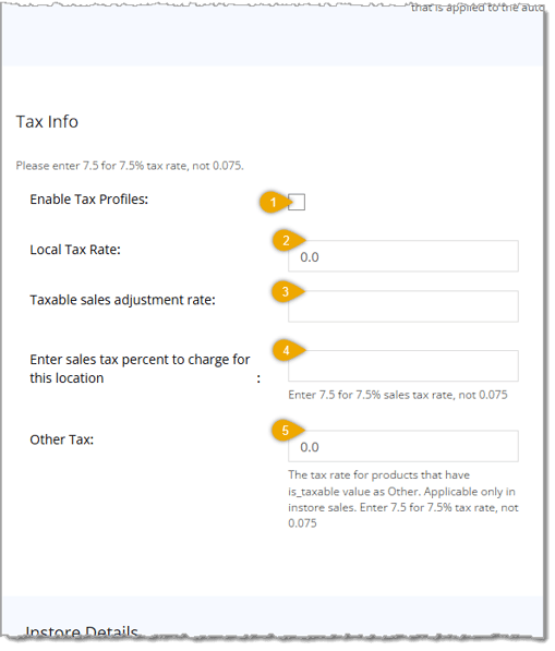 Image showing the Tax Info area of the Create Store page of Settings with key features highlighted in the eTailPet system.