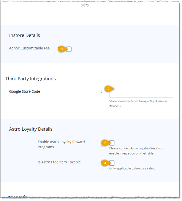 Image showing the Instore Details area of the Create Store page of Settings with key features highlighted in the eTailPet system.
