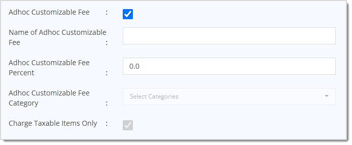 Image showing the Adhoc Customizable Fee options of the Create Store page of Settings with key features highlighted in the eTailPet system.