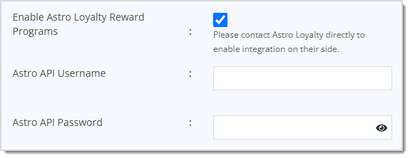 Image showing the Astro Loyalty login credentials of the Create Store page of Settings with key features highlighted in the eTailPet system.