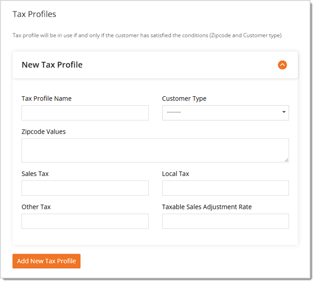 Image showing the New Tax Profile options of the Create Store page of Settings with key features highlighted in the eTailPet system.
