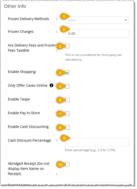 Image showing the upper part of the Other Info area of the Create Store page of Settings with key features highlighted in the eTailPet system.
