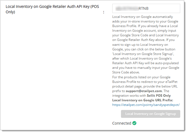 Image showing the Local Inventory with Google setup area of the Create Store page of Settings with key features highlighted in the eTailPet system.