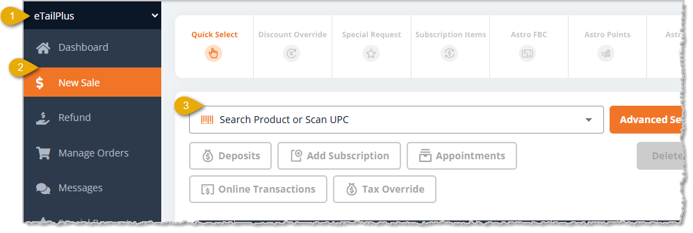 Image showing the New Sale Page with steps to scan in an item in the eTailPet system.