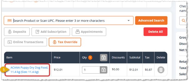 Image showing an item scanned into the New Sale page of the eTailPet system.