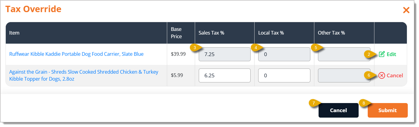 Image of the Tax Override window in the eTailPet Register. Numbers in this image highlight fields.