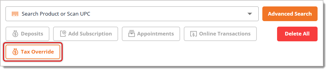 Image highlighting the Tax Override button in the eTailPet Register.