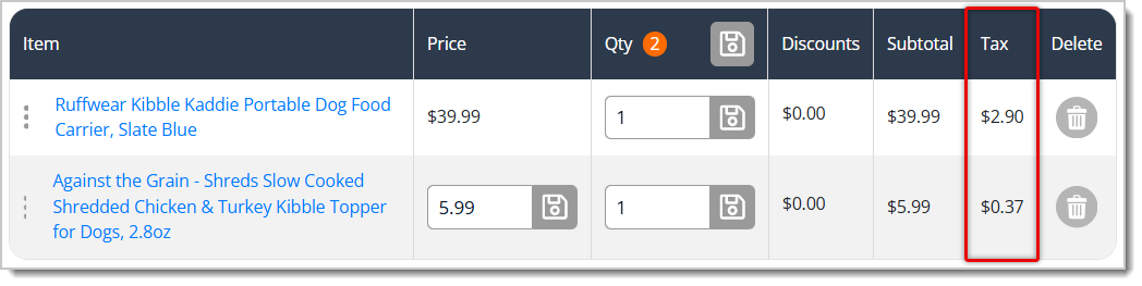 Image highlighting the Tax column in the eTailPet Register.