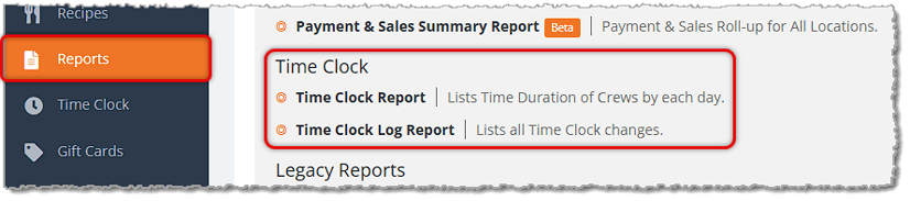 Image showing the Time Clock section of the Reports page of the eTailPet system with the section reports highlighted.