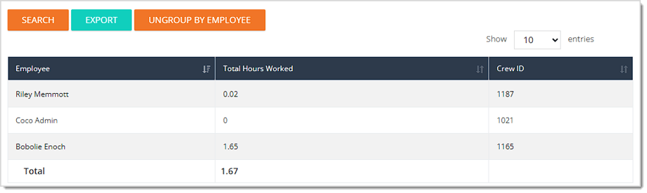 Image showing the Time Clock Report in it's Grouped by Employee view in the eTailPet system.