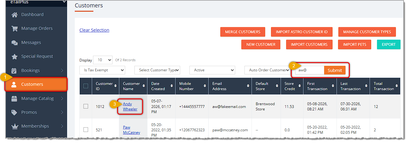 Image showing the Customers area of the main eTailPet menu with steps for finding a customer..