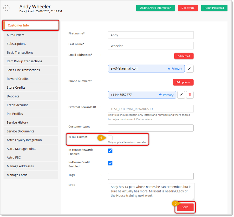 Image showing how to set a customer to be Tax-Exempt on the customer's Details page in the eTailPet system.
