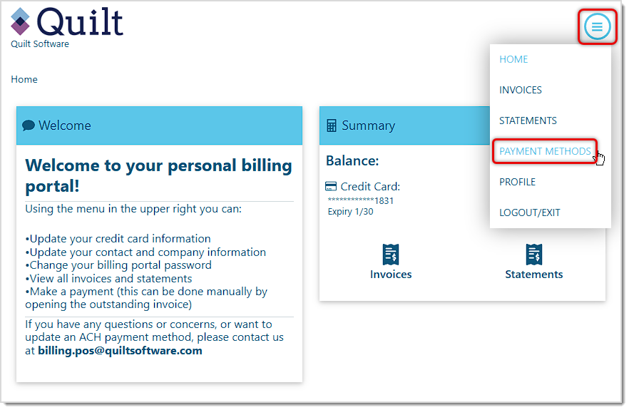Image showing the home page of the Quilt Software Billing Portal with payment method functionality highlighted..