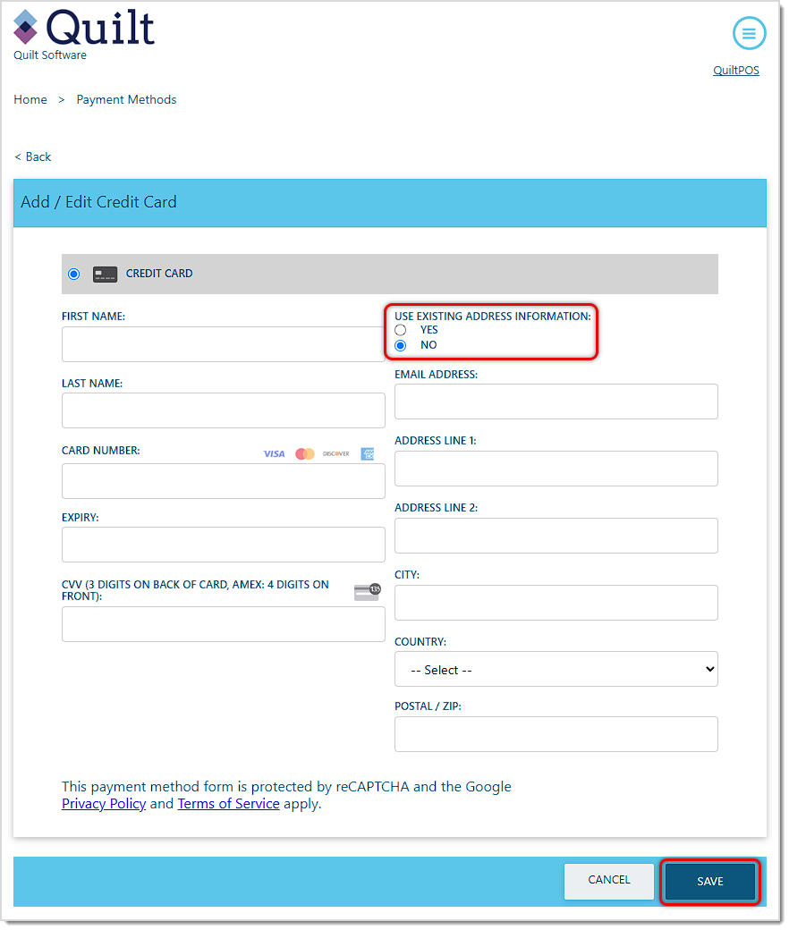 Image showing the Add/Edit Credit Card page of the Quilt Software Billing Portal.